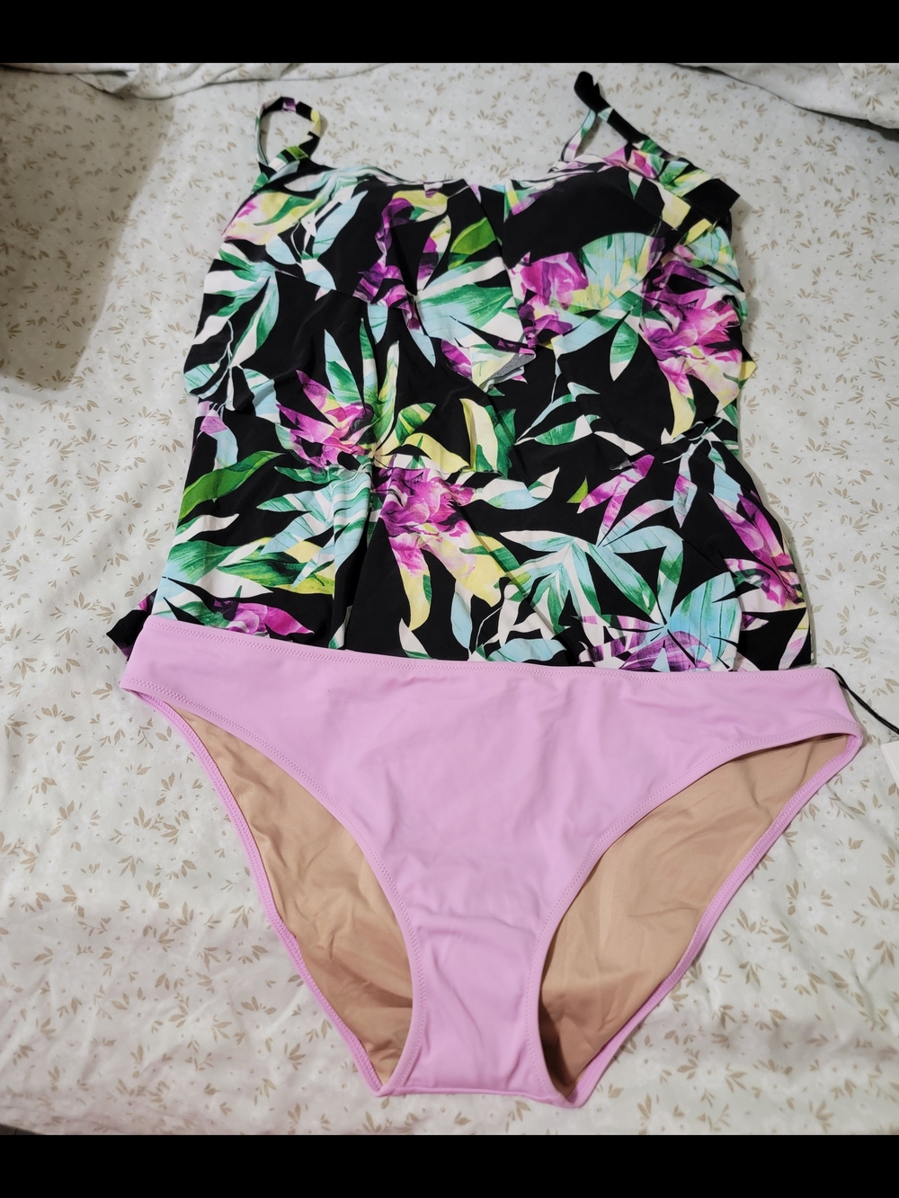 Floral Black Tankini Top with Lilac Bikini Bottoms